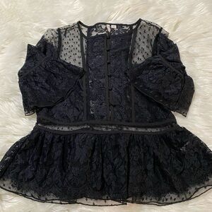 Carlos womens black lace button up blouse with flare quarter sleeves Sz M